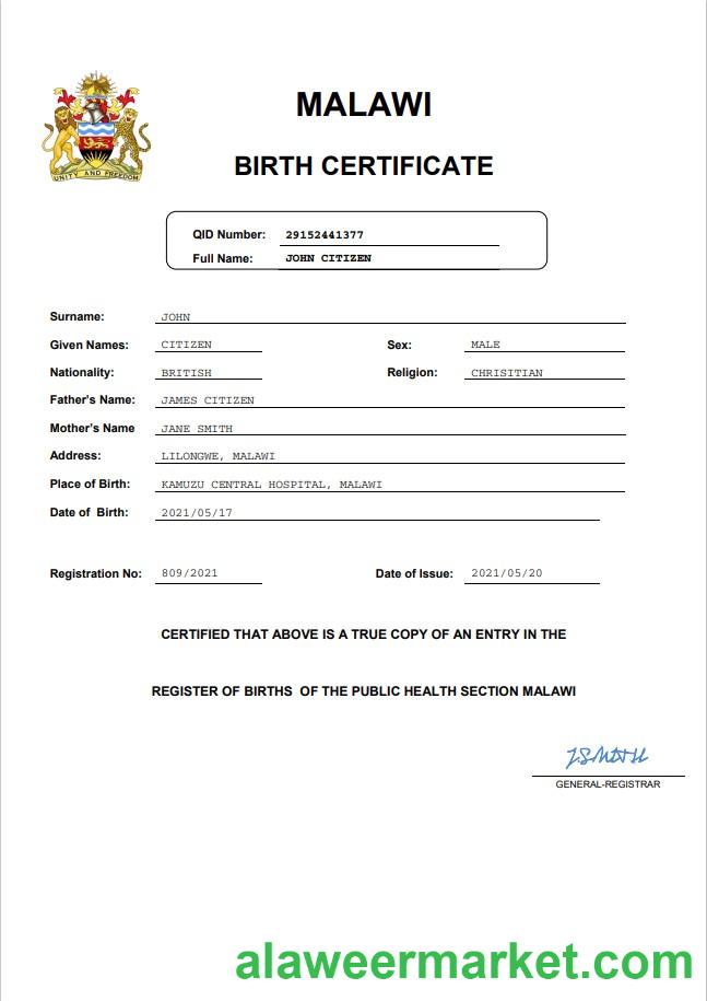 Malawi birth certificate Word and PDF template, completely editable
